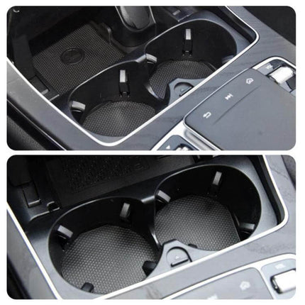 Center Console Cup Holder For Mercedes Benz Black Carbon Fiber installed in front center console showing dual cup slots and textured ABS+PC finish
