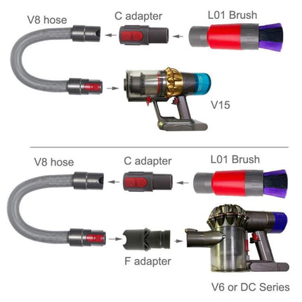 Soft Bristle Dusting Brush for Vacuum Cleaners, Compatible with Dyson and Shark showing V8 hose, C adapter, L01 brush and fittings for V15 and V6/DC series