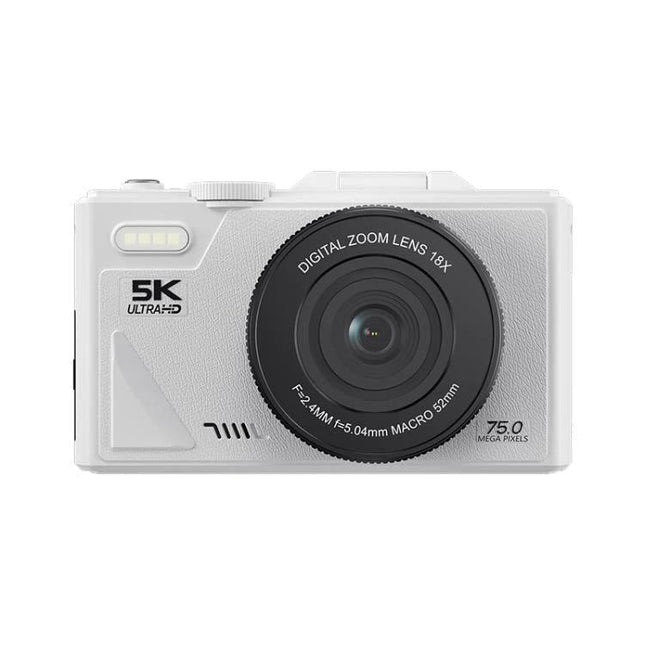 W1 Digital Camera with Flip Screen for Everyday Photography white compact front view with large lens and 5K logo