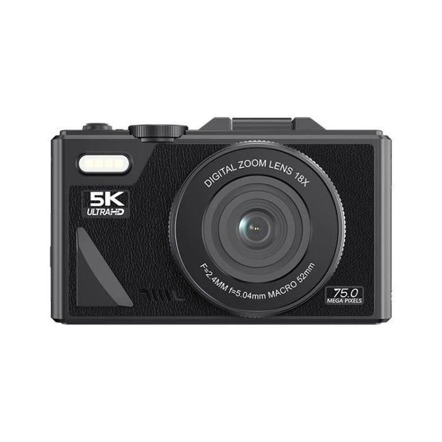 W1 Digital Camera with Flip Screen for Everyday Photography front view showing lens, flash, and compact body for vlogging and family photos