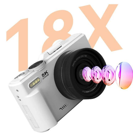 W1 Digital Camera with Flip Screen for Everyday Photography white camera showing 18x zoom lens and 5K logo