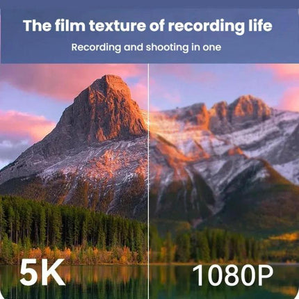 W1 Digital Camera with Flip Screen for Everyday Photography showing 5K vs 1080P mountain lake comparison