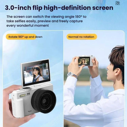 W1 Digital Camera with Flip Screen for Everyday Photography showing 3.0-inch flip screen used for selfies and vlogging