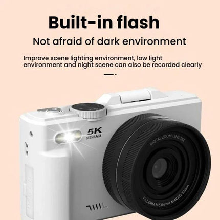 W1 Digital Camera with Flip Screen for Everyday Photography showing white camera with built-in flash and 5K lens for low-light family shots