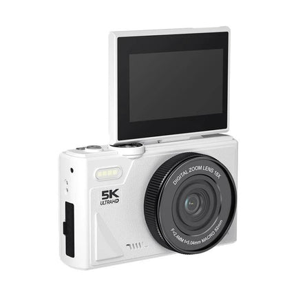 W1 Digital Camera with Flip Screen for Everyday Photography — compact white camera with flip screen and 5K label