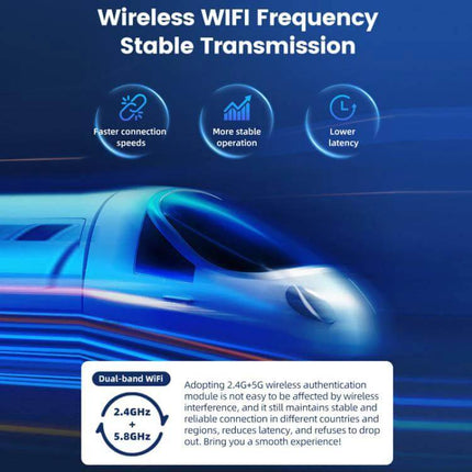 Carlinkit Original Car Wired to Wireless CarPlay Adapter showing wireless WiFi frequency benefits, faster connection, stable transmission and lower latency