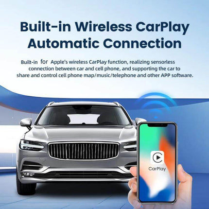 Carlinkit Original Car Wired to Wireless CarPlay Adapter shown connecting iPhone to car for wireless Apple CarPlay, compact ABS+PC plug-and-play device