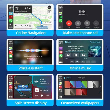 Carlinkit Original Car Wired to Wireless CarPlay Adapter showing wireless CarPlay features: navigation, calls, voice assistant, music, split-screen, wallpapers