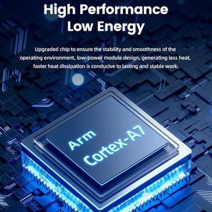 Carlinkit Original Car Wired to Wireless CarPlay Adapter showing high-performance Arm Cortex-A7 chip graphic emphasizing low energy and stability