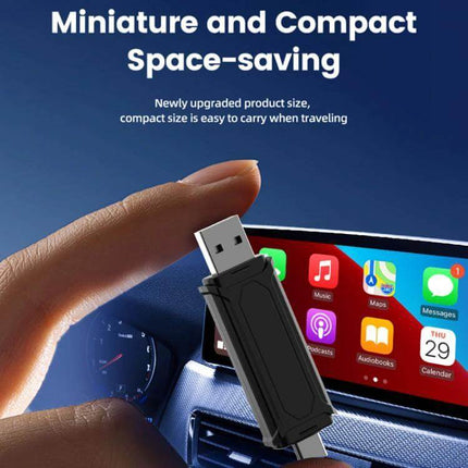 Carlinkit Original Car Wired to Wireless CarPlay Adapter compact USB dongle shown next to car dashboard screen for wireless CarPlay