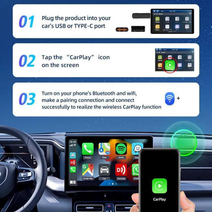 Carlinkit Original Car Wired to Wireless CarPlay Adapter installed in car dash showing pairing steps and CarPlay screen