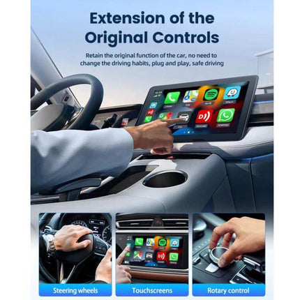 Carlinkit Original Car Wired to Wireless CarPlay Adapter shown enabling wireless CarPlay on car touchscreen while retaining steering wheel and rotary controls