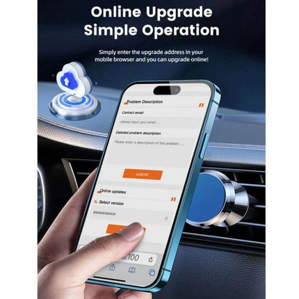 Carlinkit Original Car Wired to Wireless CarPlay Adapter showing phone pairing and online upgrade on car dashboard