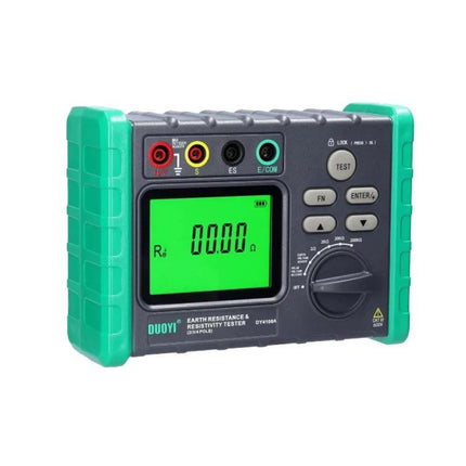 DUOYI Ground Resistance Tester for Home Electrical Safety — compact earth resistance meter with green backlit display and multiple test ports