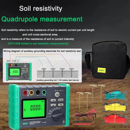 DUOYI Ground Resistance Tester for Home Electrical Safety — portable ground resistance and soil resistivity kit with tester, probes, wires, and carrying case