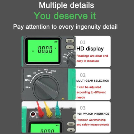 DUOYI Ground Resistance Tester for Home Electrical Safety showing HD display, multi-gear dial and three colored test leads for home grounding checks