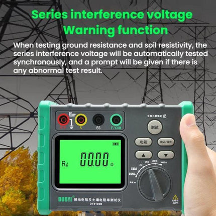 DUOYI Ground Resistance Tester for Home Electrical Safety handheld meter showing 0.000Ω on green display and color-coded input ports