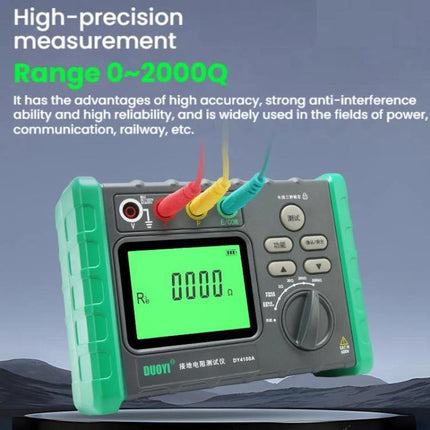 DUOYI Ground Resistance Tester for Home Electrical Safety showing digital display, three probe leads, and range 0~2000Ω for home grounding checks