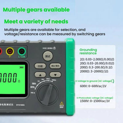 DUOYI Ground Resistance Tester for Home Electrical Safety handheld meter showing display, dial, input jacks and measurement ranges