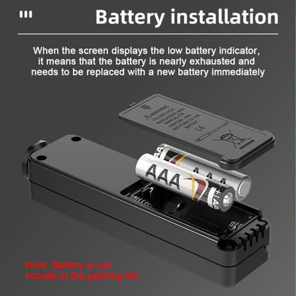 Mingzheng Paint Film Thickness Gauge for Metal Surfaces showing AAA battery installation and open battery compartment