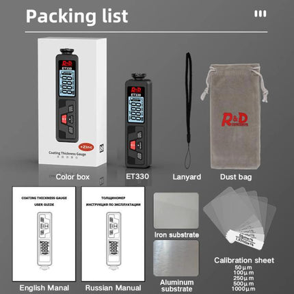 Mingzheng Paint Film Thickness Gauge for Metal Surfaces compact gauge with box, lanyard, dust bag, manuals and calibration sheets
