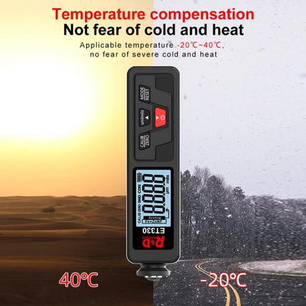 Mingzheng Paint Film Thickness Gauge for Metal Surfaces digital gauge showing temperature compensation -20°C to 40°C, 0–1500 μm range