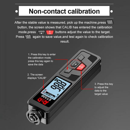 Mingzheng Paint Film Thickness Gauge for Metal Surfaces showing non-contact calibration procedure and digital display