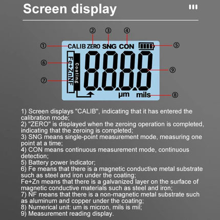 Mingzheng Paint Film Thickness Gauge for Metal Surfaces digital display showing calibration, zero, measurement modes and units (µm, mils)