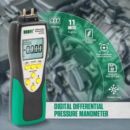 DUOYI Pressure Gauge for Daily Automotive Maintenance at Home - digital differential pressure manometer with LCD, 11 units, high-precision readings