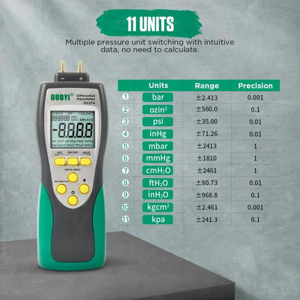 DUOYI Pressure Gauge for Daily Automotive Maintenance at Home handheld vacuum and pressure tester showing 11 units display and specifications