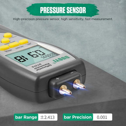 DUOYI Pressure Gauge for Daily Automotive Maintenance at Home - handheld pressure sensor with digital display showing 0.001 bar precision