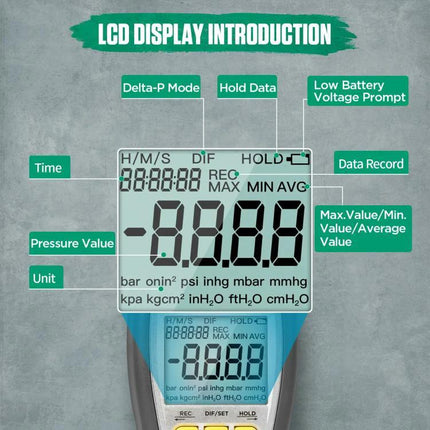 DUOYI Pressure Gauge for Daily Automotive Maintenance at Home - close-up of LCD display showing pressure value, units, time, max/min/avg and mode indicators