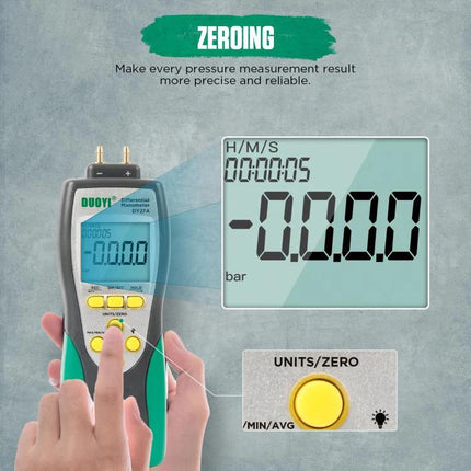DUOYI Pressure Gauge for Daily Automotive Maintenance at Home showing zeroing feature and digital display with finger pressing units/zero button