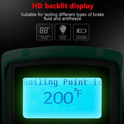 Duoyi Brake Fluid Testing Device for Everyday Car Maintenance backlit display showing boiling point 200°F during routine brake fluid check