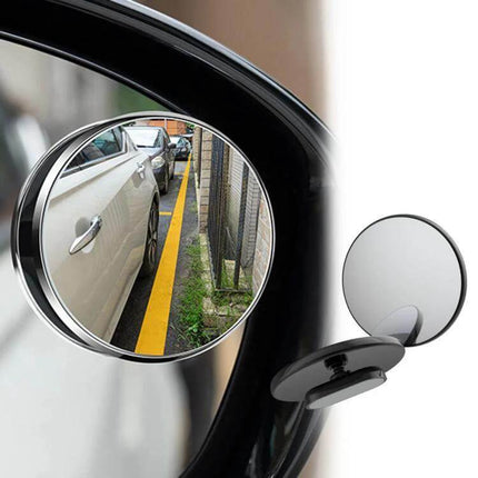 Blind Spot Rearview Mirror for Safer Car Reversing, Black Silver mounted on side mirror showing parked cars and curb
