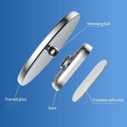 Blind Spot Rearview Mirror for Safer Car Reversing, Black Silver - exploded view showing framed glass, Wanxiang ball, base and traceless adhesive