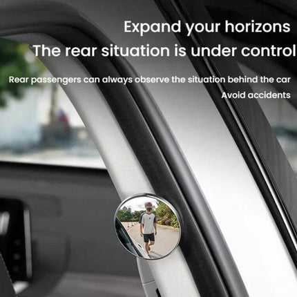 Blind Spot Rearview Mirror for Safer Car Reversing, Black Silver mounted on A-pillar showing pedestrian in blind spot to avoid accidents