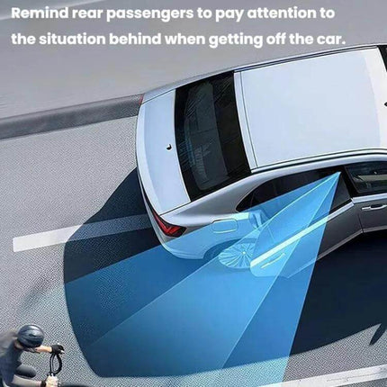 Blind Spot Rearview Mirror for Safer Car Reversing, Black Silver mounted showing rear coverage alerting driver to cyclist and obstacles while reversing