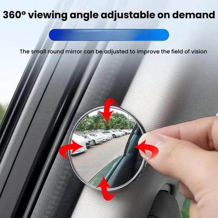 Blind Spot Rearview Mirror for Safer Car Reversing, Black Silver mounted on A-pillar showing 360° adjustable round mirror improving visibility while reversing