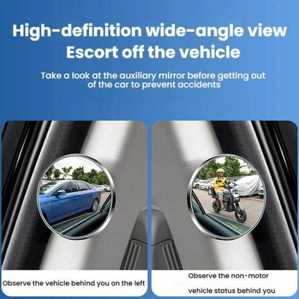 Blind Spot Rearview Mirror for Safer Car Reversing, Black Silver mounted on A-pillar showing wide-angle view of vehicles and motorbike in blind spots