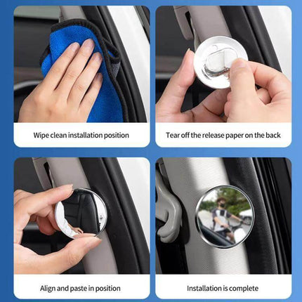 Blind Spot Rearview Mirror for Safer Car Reversing, Black Silver - adhesive mount installation steps showing cleaning, peel, align, and installed mirror