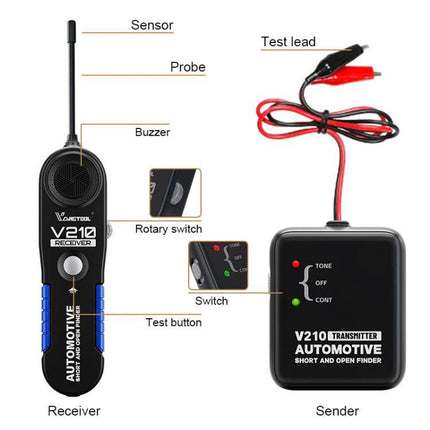 VDIAGTOOL Circuit Tester for Everyday Vehicle Maintenance - labeled receiver and transmitter with probe, buzzer, test lead and rotary switch