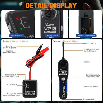 VDIAGTOOL Circuit Tester for Everyday Vehicle Maintenance - detailed sender and receiver parts labeled, battery compartment, clamps and probe