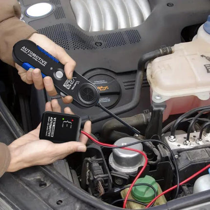 VDIAGTOOL Circuit Tester for Everyday Vehicle Maintenance diagnosing a car battery and wiring under the hood with probe and transmitter