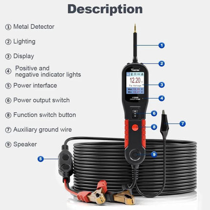 VDIAGTOOL Automotive Circuit Tester for Daily Vehicle Maintenance - handheld circuit tester with display, probes, clamps and long coiled lead for car diagnostics