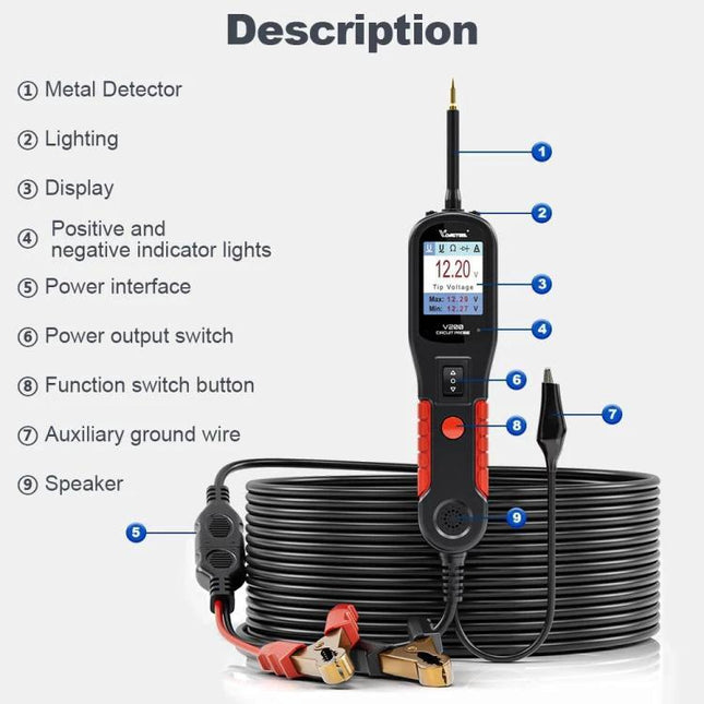 VDIAGTOOL Automotive Circuit Tester for Daily Vehicle Maintenance - handheld circuit tester with display, probes, clamps and long coiled lead for car diagnostics