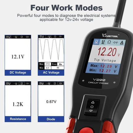 VDIAGTOOL Automotive Circuit Tester for Daily Vehicle Maintenance showing digital probe screen with 12.20V tip voltage and four measurement mode icons