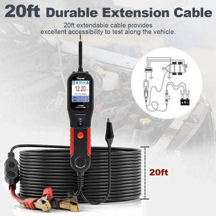 VDIAGTOOL Automotive Circuit Tester for Daily Vehicle Maintenance showing 20ft durable extension cable with clips and display for under-hood testing