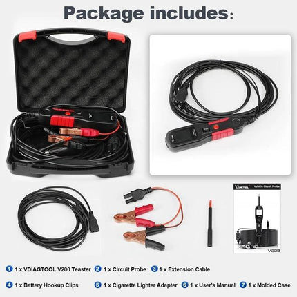 VDIAGTOOL Automotive Circuit Tester for Daily Vehicle Maintenance showing tester, circuit probe, extension cable, battery clips and molded case