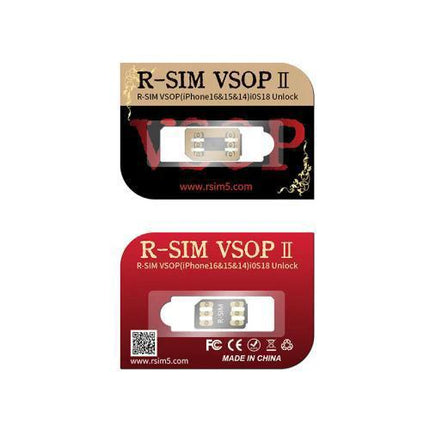 R-SIM VSOP 2 Chip for Easy SIM Switching on iPhone packaged view showing dual SIM unlock chip for iPhone 13-16 models